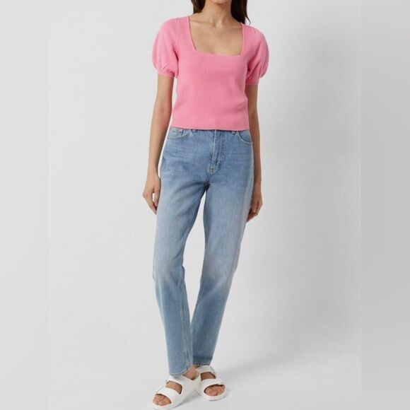 French Connection Jaida Top Short Sleeve Ribbed Knit in Pink - Size L - Picture 1 of 8